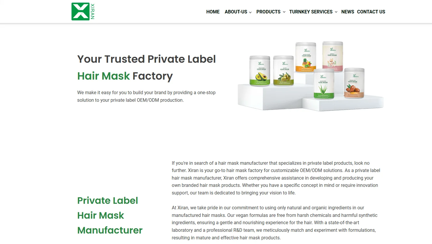 Xiran website offering private label hair mask factory services with product display on a podium.